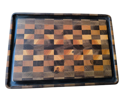 Tocător  End-Grain Premium cu șanț de scurgere |  Nuc & Cireș
