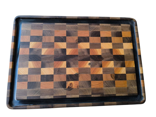 Tocător  End-Grain Premium cu șanț de scurgere |  Nuc & Cireș