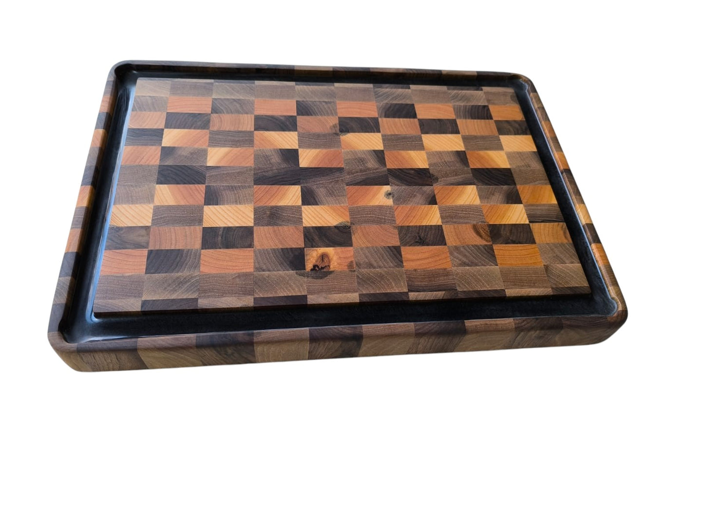 Tocător  End-Grain Premium cu șanț de scurgere |  Nuc & Cireș