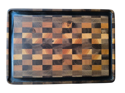 Tocător  End-Grain Premium cu șanț de scurgere |  Nuc & Cireș