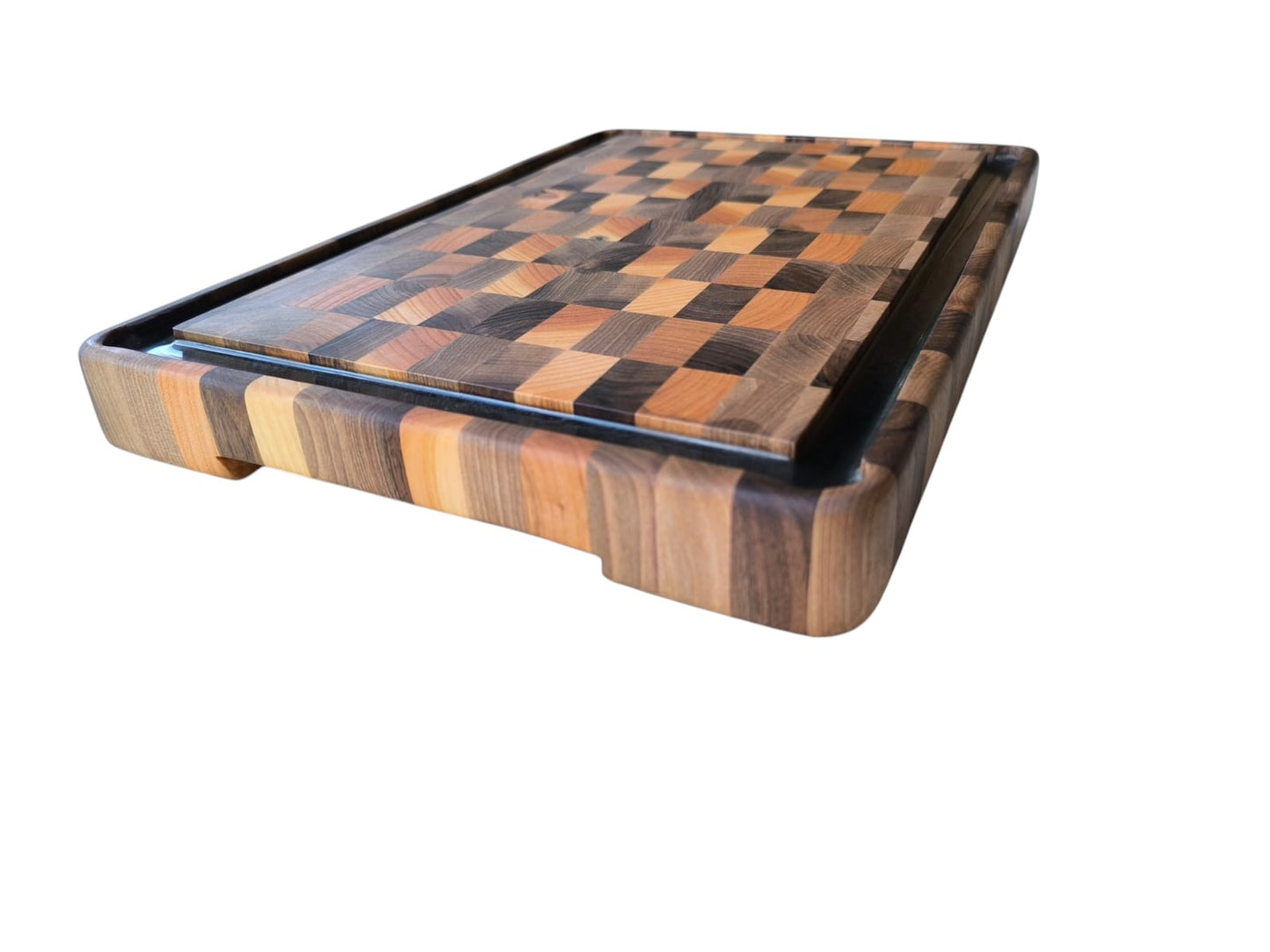 Tocător  End-Grain Premium cu șanț de scurgere |  Nuc & Cireș