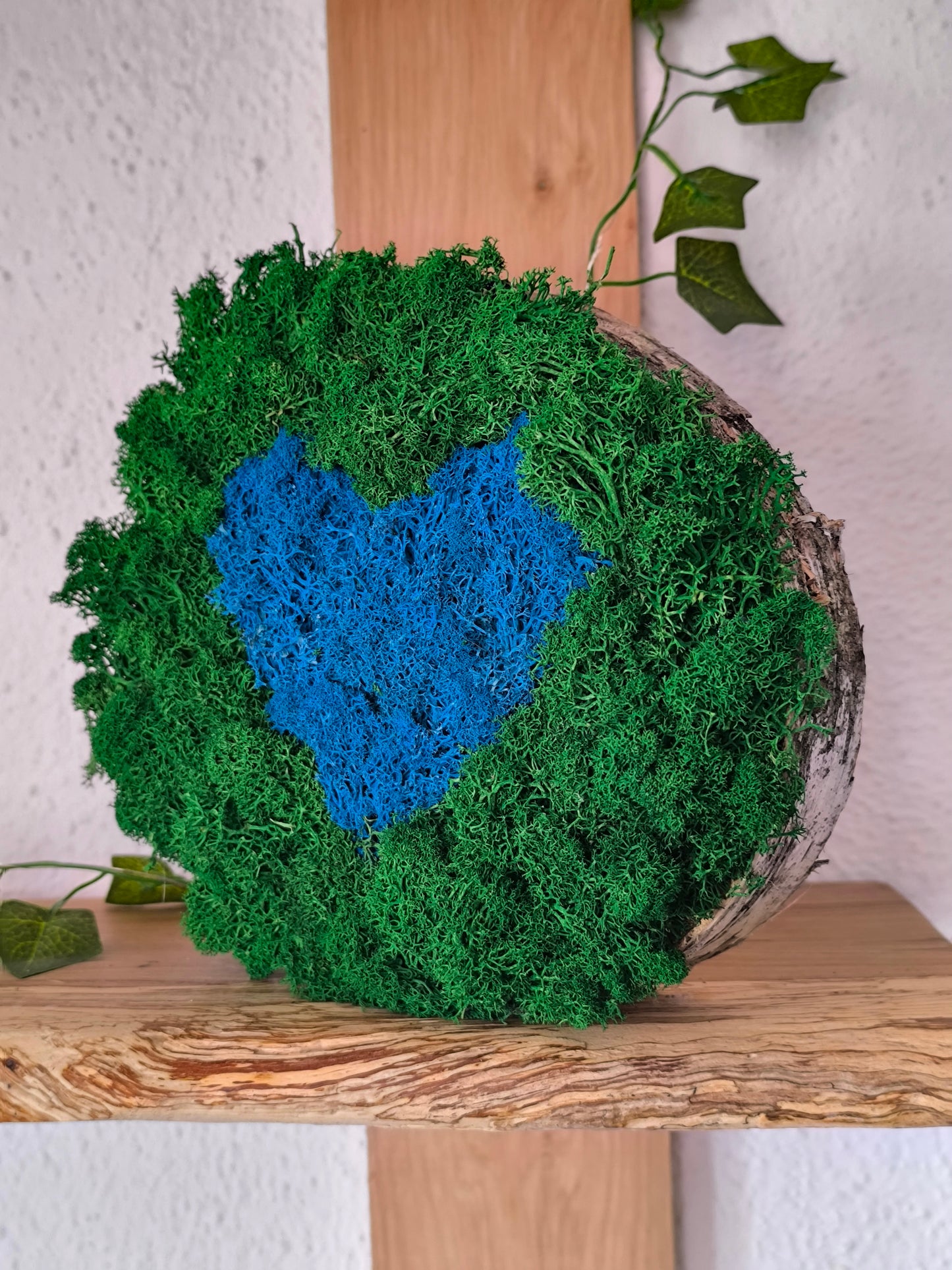 Decoratiune cu licheni naturali – decor din lemn- model inimă albastră 18-21 cm