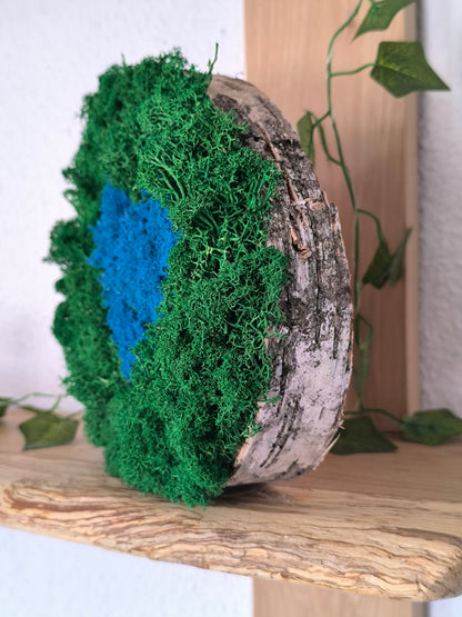 Decoratiune cu licheni naturali – decor din lemn- model inimă albastră 18-21 cm