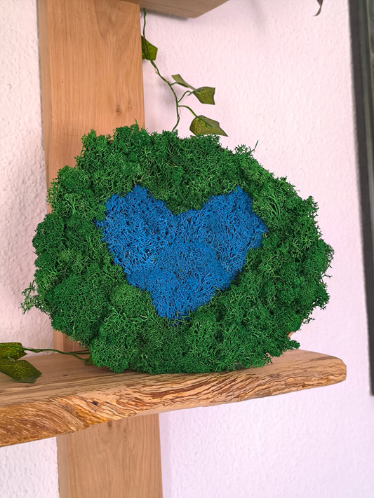 Decoratiune cu licheni naturali – decor din lemn- model inimă albastră 18-21 cm